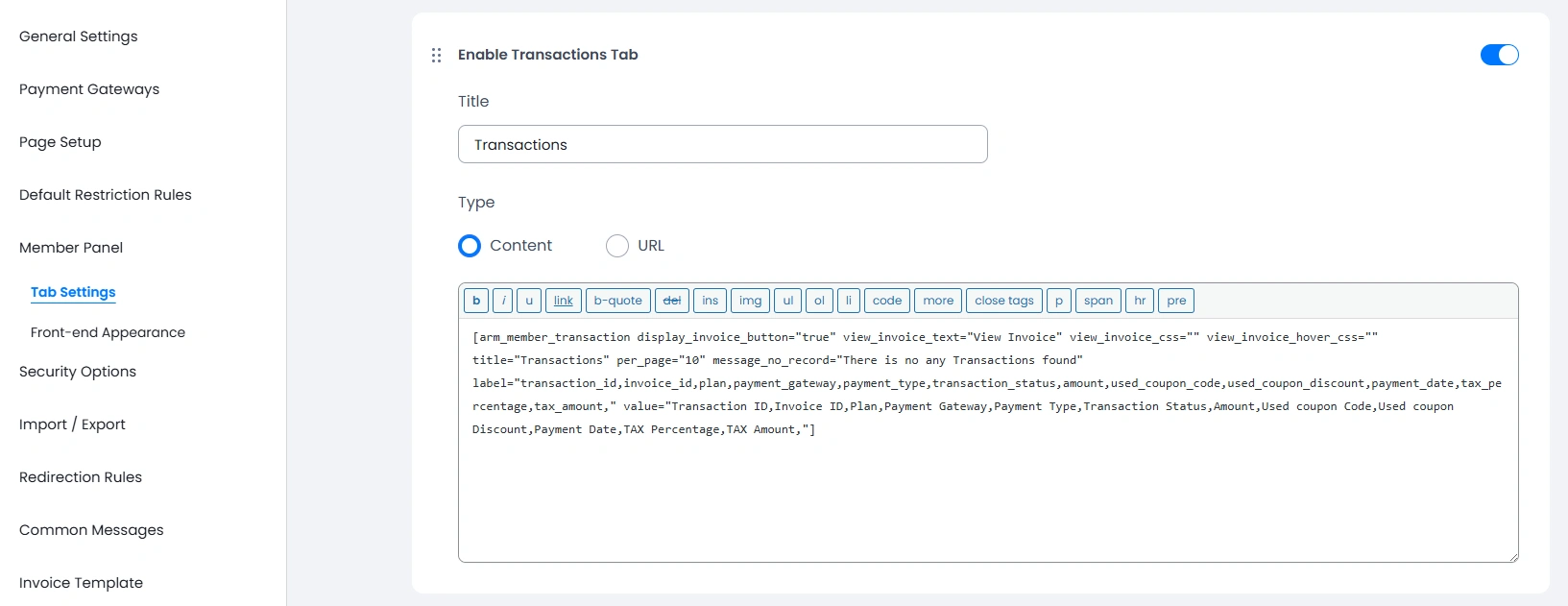 ARMember Member Panel Transactions Tab