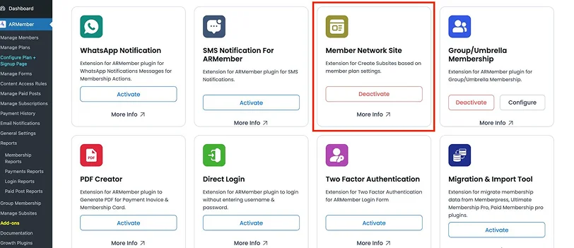 activate member network site addon