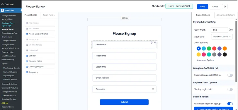 create signup page