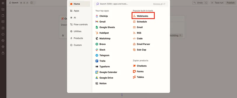 select webhooks in popular built in tools