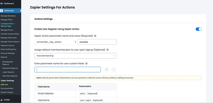 zapier settings for actions