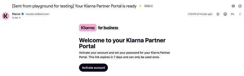 account activation email of klarna