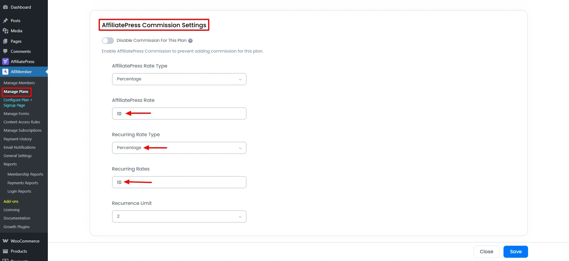 armember-recurring-commission-settings