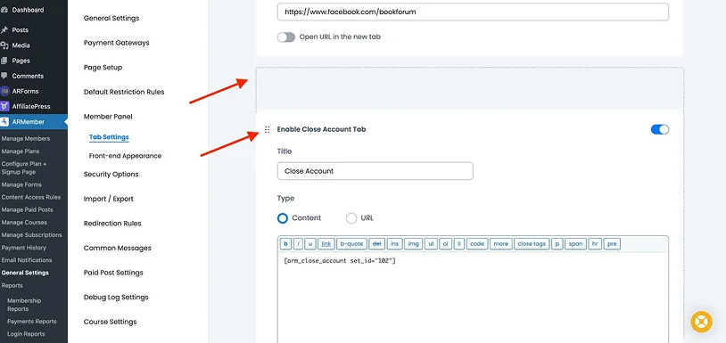 enable close account tab