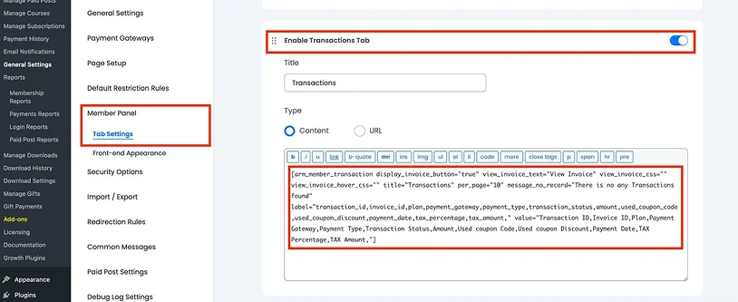 enable transaction tab
