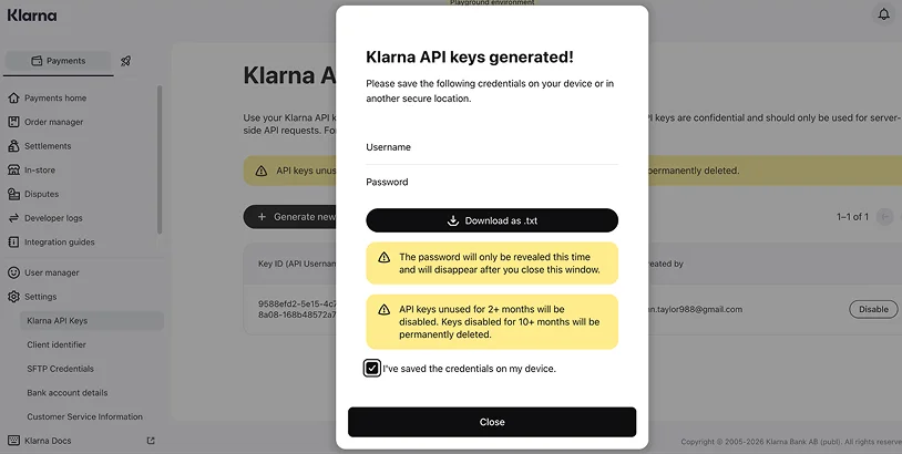 klarna api key generated popup