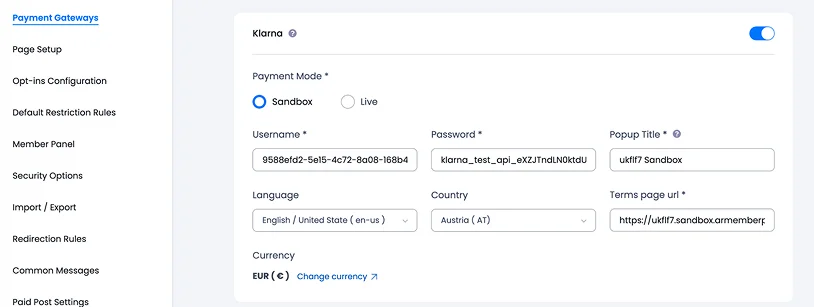 klarna payment gateway settings