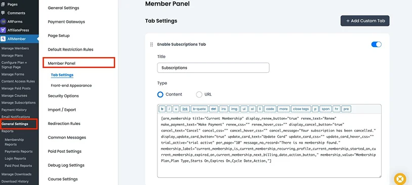 tab settings in member panel