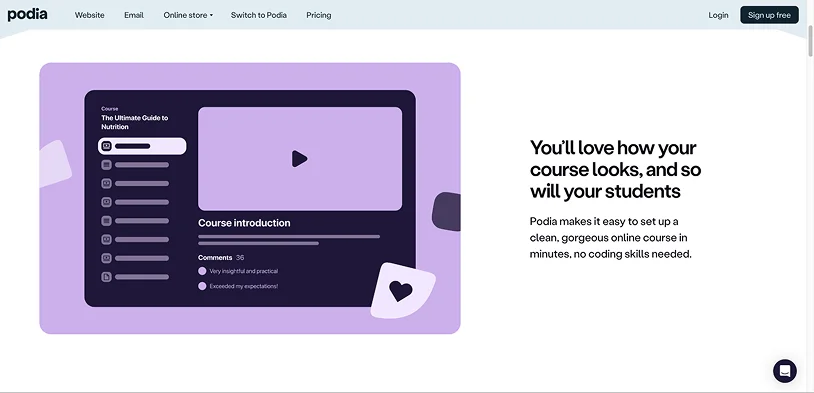 Podia website for course creation