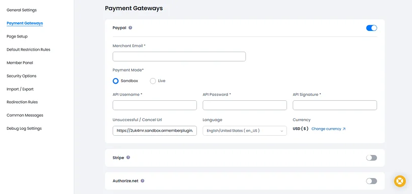 payment gateway settings