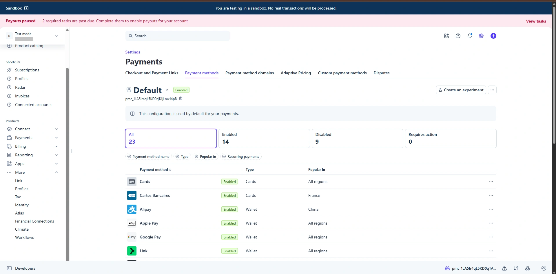 Stripe Developers Menu