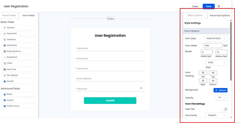 advanced option in user registration forms