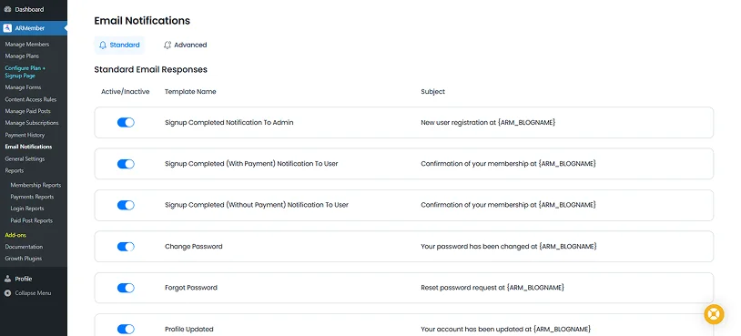 email notifications in armember
