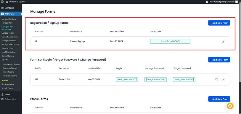 manage forms in armember