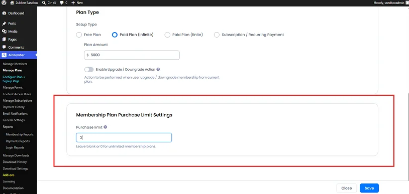 membership plan purchase limits settings