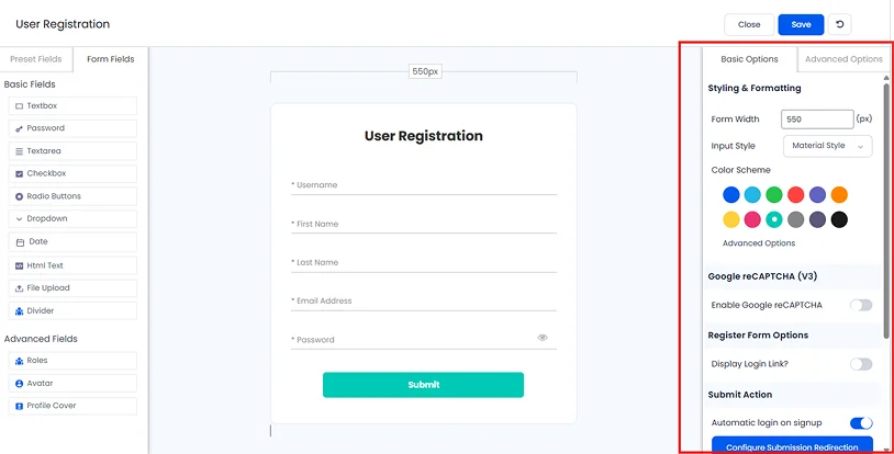 styling and formatting in user registration forms