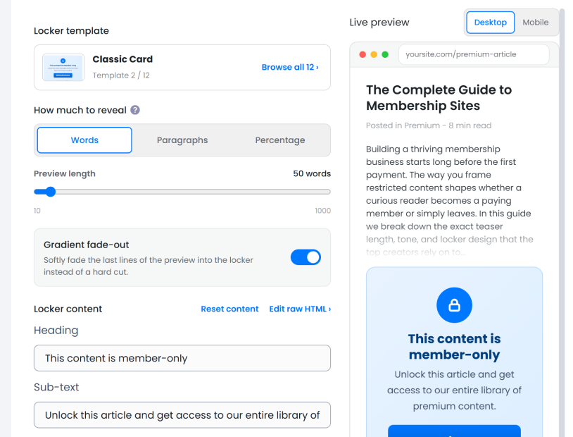 content locker settings preview