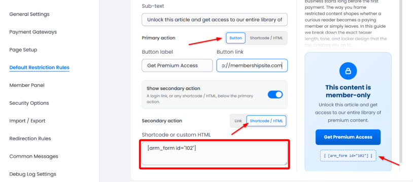 membership content restriction settings