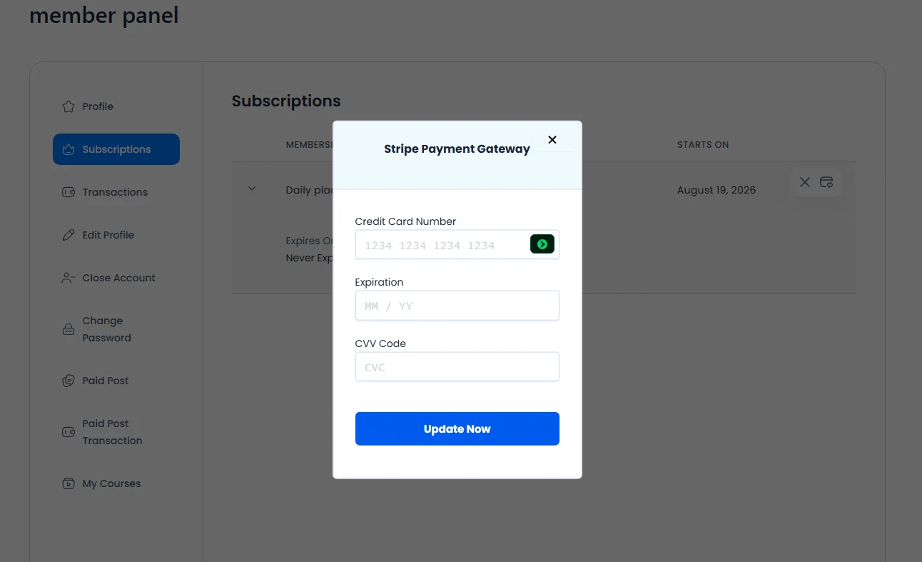 ARMember stripe-paymemt update card