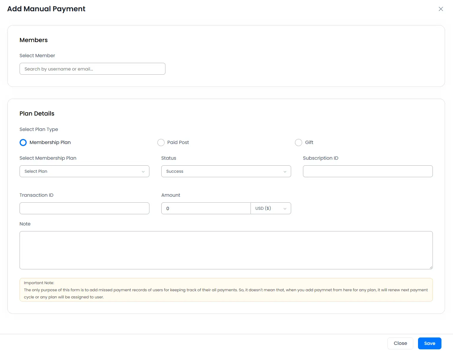 Add Manual Payment