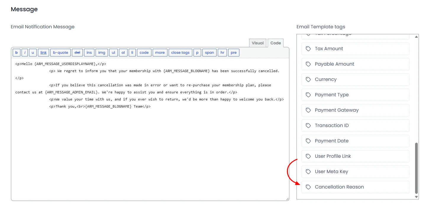 ARMember Cancellation Feedback Email Tag