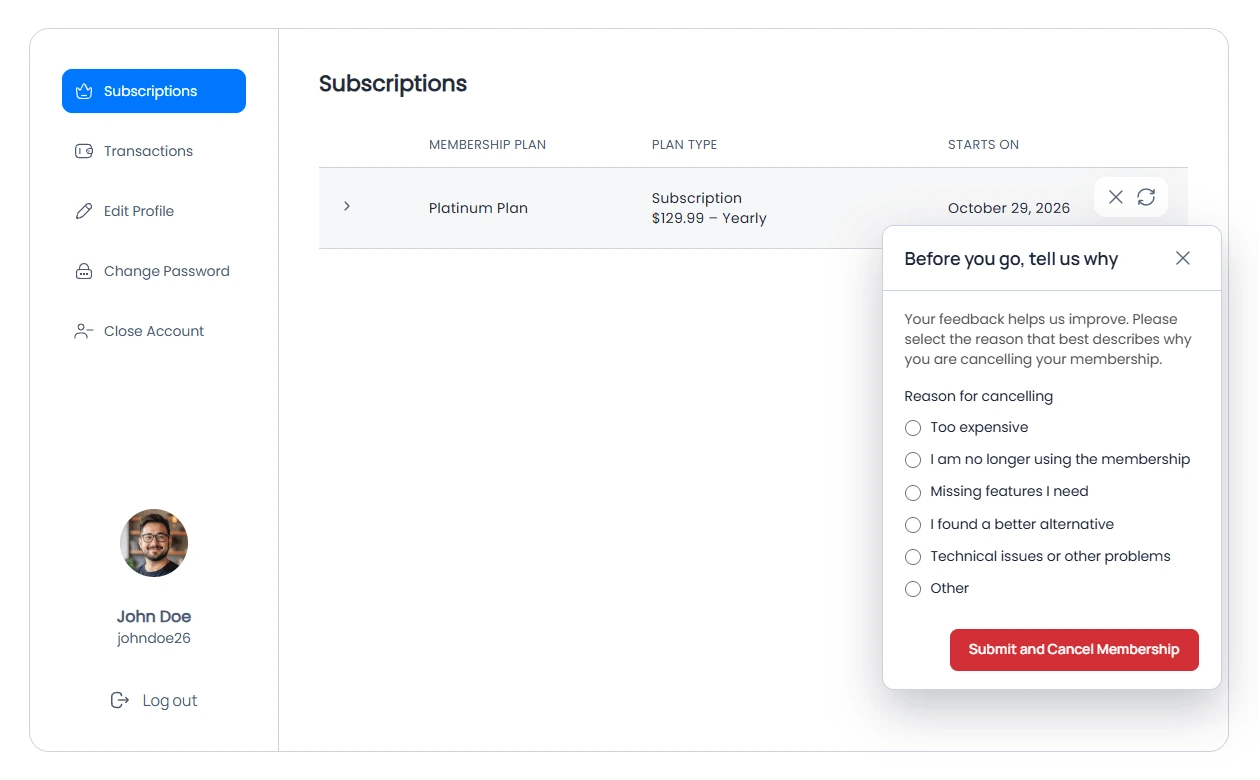 ARMember Cancellation Feedback Front Popup Other Text Area