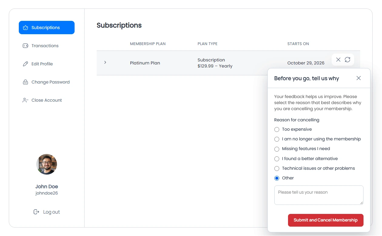 ARMember Cancellation Feedback Front Popup