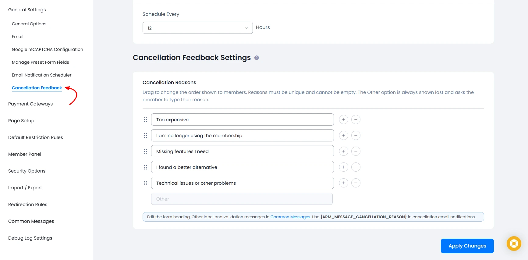 ARMember Cancellation Feedback General Settings
