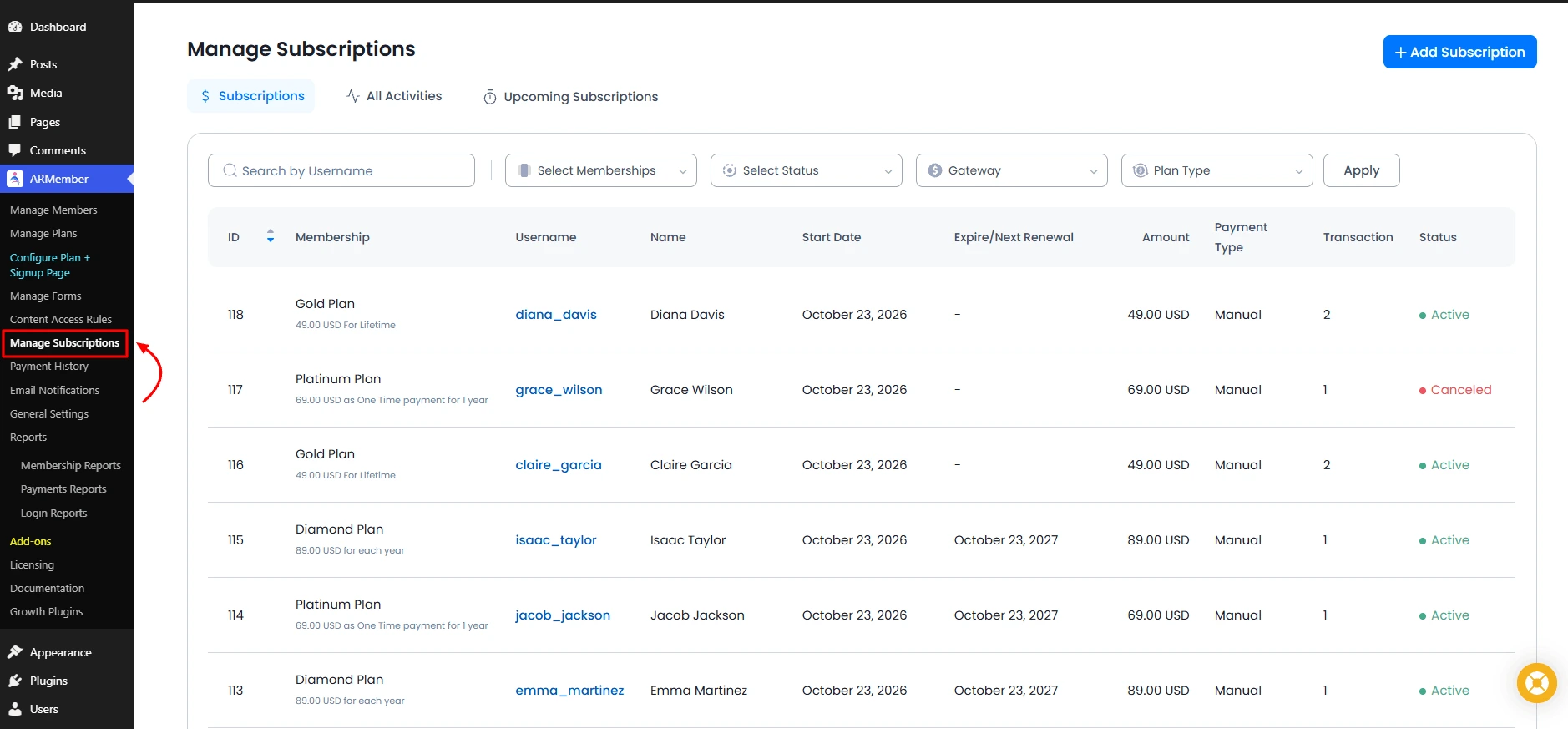 ARMember Cancellation Feedback Navigate Manage Subs Page