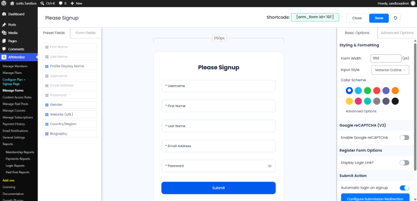 manage signup form