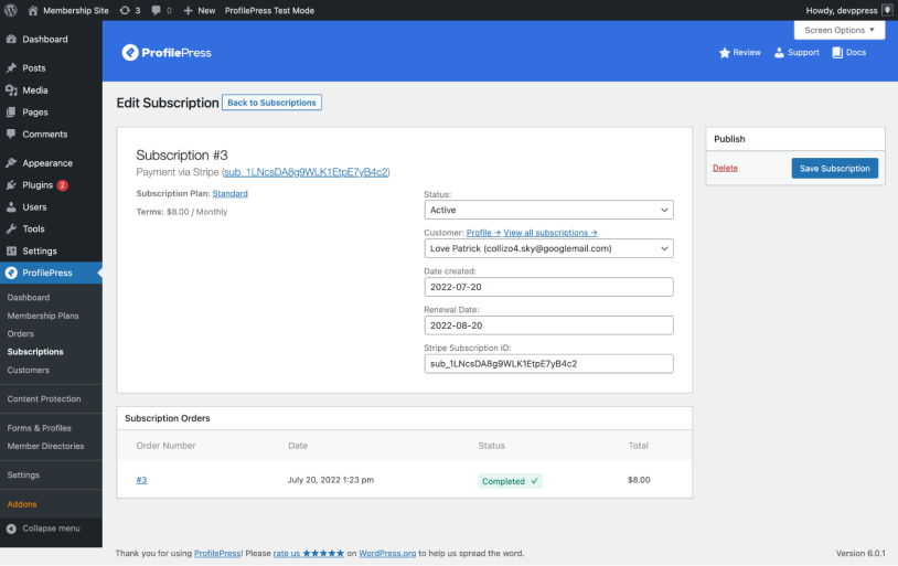edit subscriptions in profilepress
