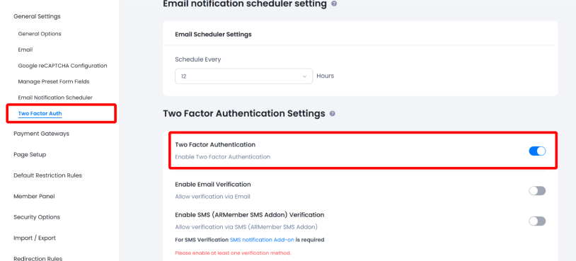 two factor authentication setting